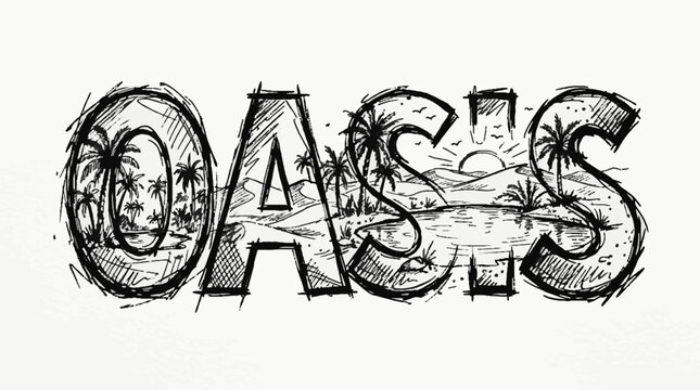 Oasis word typography with hand drawn desert landscape illustration