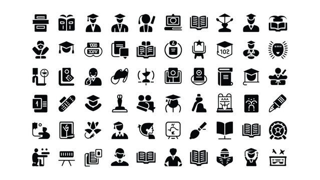 Collection of black education icons on white background for learning and teaching materials  various symbols