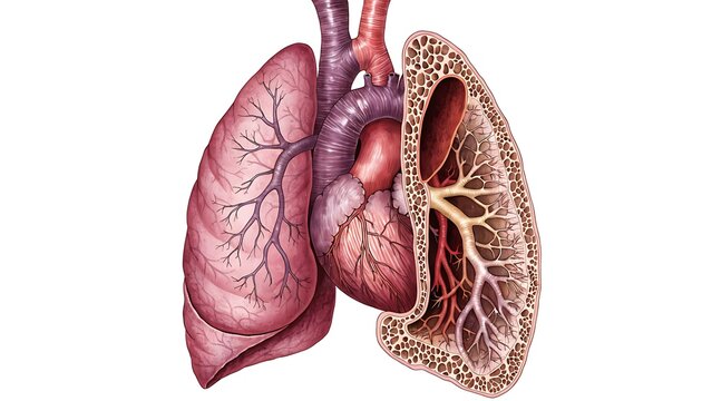 Detailed 3D Medical Illustration of Human Lungs with Bronchial Tree Cross Section
