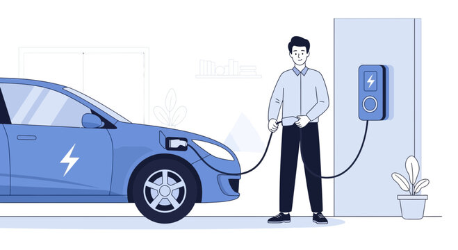 Man Charging Electric Car at Home Station, Future Mobility, Sustainable Lifestyle
