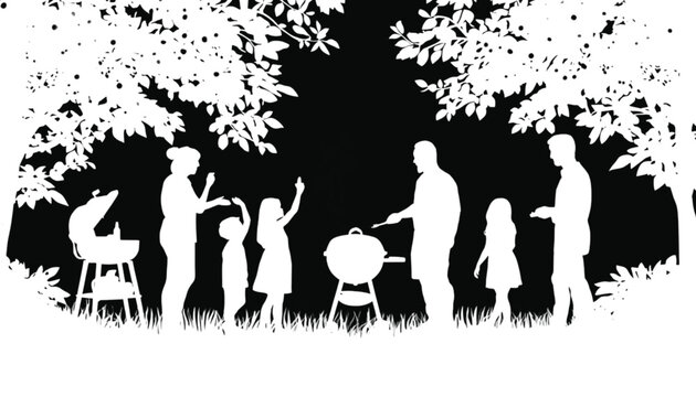 Family members standing near a barbecue grill in a park setting enjoy a summer weekend outdoors.