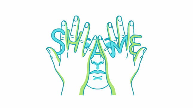 Person covering face with hands forming the word shame in a minimalist vector line art illustration