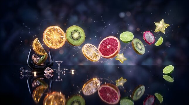 Magical Flying Citric Fruits and Kiwi Slices Floating in Dark Abstract Background with Cocktail Glass Reflection
