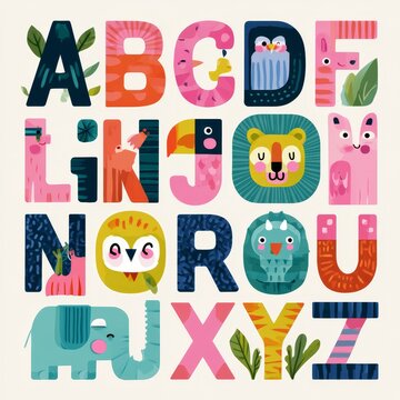 Educational alphabet set a-z: cute letter designs featuring various animals and objects