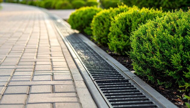 Close-up of a brick walkway with a metal drainage gutter alongside green, leafy bushes. Soft sunlight illuminates the scene