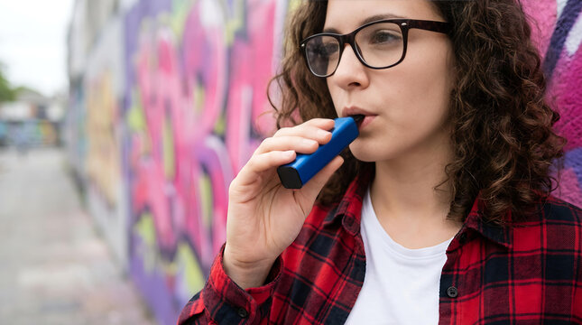 Young Woman Using Vape Pen on Urban Street with Modern Lifestyle and Electronic Cigarette Concept