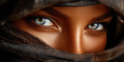 Fototapeta premium Close-up of a woman's piercing blue eyes partially covered by a dark fabric veil