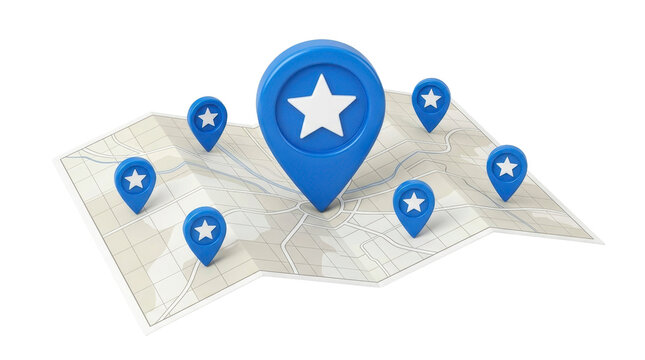 Map pin marker with star icon on paper map PNG file