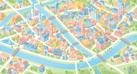 Fototapeta premium Vibrant aerial view of a charming European city with a winding river, bridges, and colorful buildings, showcasing urban life and architecture in a picturesque setting