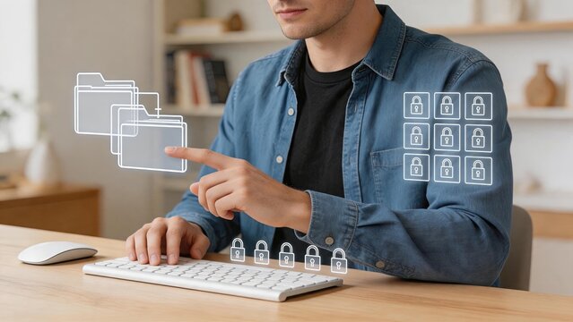 Businessman interacting with virtual folders and security padlock icons, data protection concept, cybersecurity, cloud storage management, digital privacy and file encryption