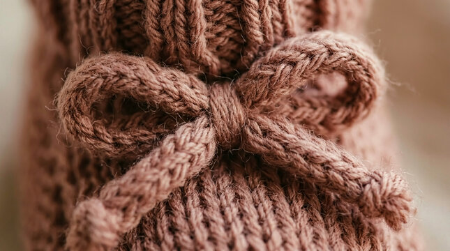 Macro photography of a dusty pink knitted baby bootie focusing on the delicate yarn bow. Perfect for cozy maternity lifestyle, newborn apparel backgrounds, and artisanal craft storytelling.