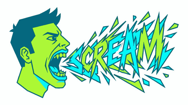 Vector illustration of a man shouting with the word scream in a jagged comic book style font against a plain white background