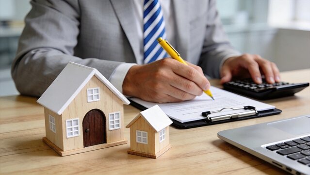 Real estate agent calculating mortgage payments and signing property contract, home buying and selling concept, wooden house models on desk with calculator and laptop computer