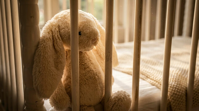 Empty vintage white baby crib with a stuffed bunny bathed in warm morning sunbeams and dust motes. Perfect for nostalgic nursery interiors and parenting lifestyle storytelling.