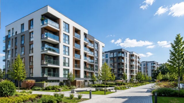 Modern apartment buildings overlooking landscaped communal walkway