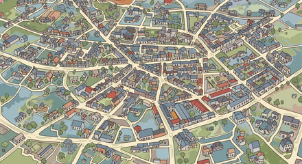 Fototapeta premium Charming hand-drawn aerial illustration of a quaint European-style town, featuring intricate circular street patterns, dense architecture, and serene canals, a picturesque cityscape