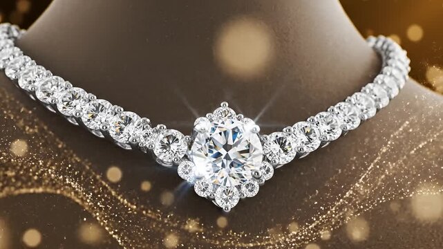 Exquisite Diamond Necklace Adorned on a Models Neck Sparkles with Brilliance.