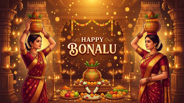 Happy Bonalu Festival Vector Illustration, Indian Women in Traditional Saree Carrying Bonam Pot, Telangana Culture, Hindu Religious Celebration Banner Background