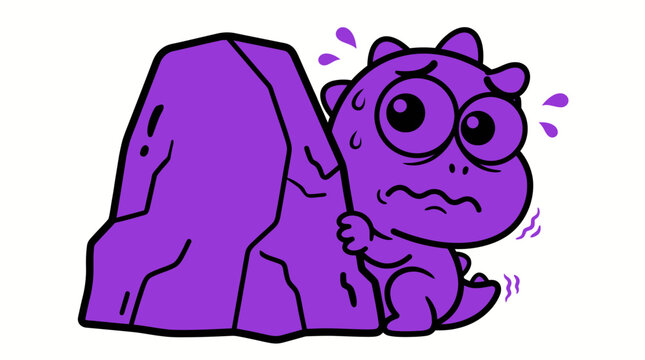 Anxious purple monster hiding behind rock, feeling scared and worried in a cute cartoon style illustration