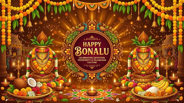 Happy Bonalu Festival Greeting Vector Illustration - Telangana Culture, Traditional Bonam Pot and Devotion Background