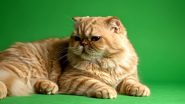 Fluffy Orange Persian Cat Lying Down on Green Background.