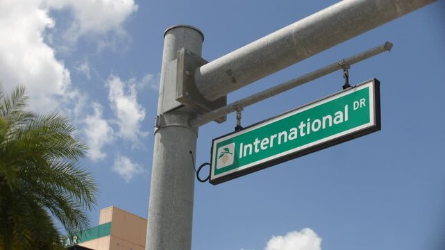 Sign for International Drive hanging from a metal traffic pole in Orlando Florida under a blue sky. Low angle view shows palm fronds, clouds, and urban road signage in daylight.