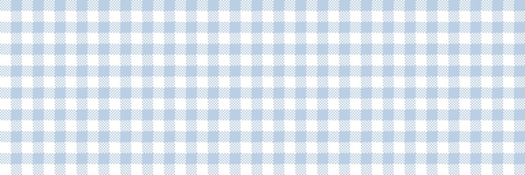 A long seamless light blue and white gingham micro plaid pattern. Classic checkered background design for baby boy nursery fabric, kitchen wallpaper, and wrapping paper.