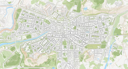Fototapeta premium Conceptual overhead view of an expansive city illustrating sophisticated urban planning, dense street networks, residential blocks, and integrated natural green areas