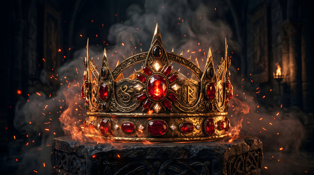 Epic Dark Golden Crown with Glowing Ruby Gems Surrounded by Smoke and Burning Embers