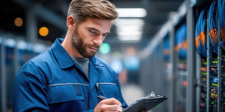 IT technician in blue uniform checks server rack equipment with clipboard in data center