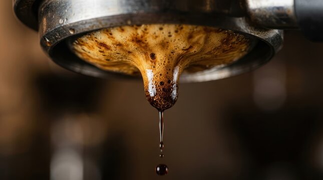 Close up of freshly brewed espresso with rich crema dripping