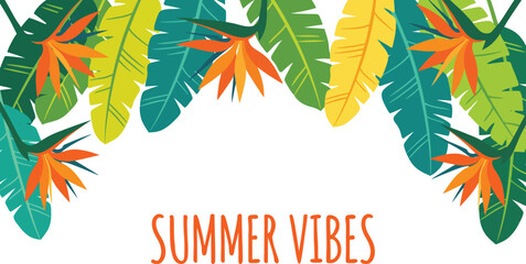Exotic tropical leaves and bright Bird of Paradise flowers in a flat design style forming a cheerful summer border for banners invitations and seasonal designs © junaid