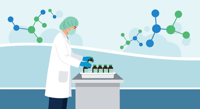 Scientist in lab coat and mask handling vials with molecular structures in background