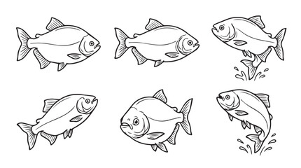 Obraz premium Piranha fish set line art drawing collection with predator wildlife illustration dangerous swimming monochrome isolated collection detailed engraving predatory aggressive creature