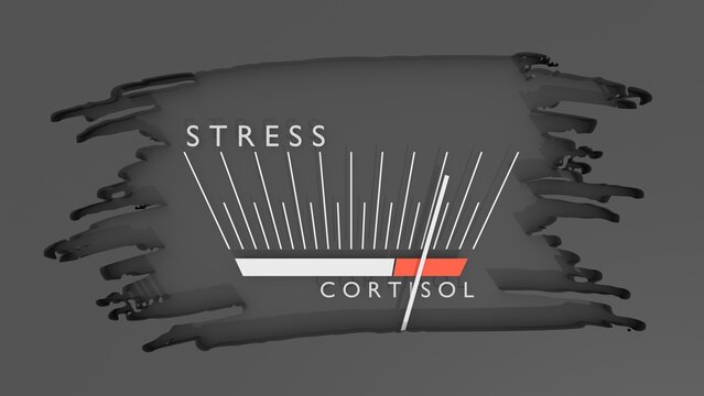 Abstract measuring device. Influence of stress on cortisol values. Scales of cause and effect. Meter showing dangerously increasing high values. Getting bad results. 3D render
