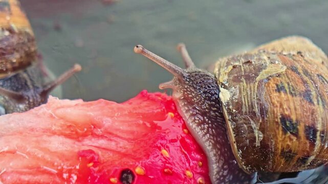 Two garden snails eat a ripe strawberry, one climbing over the juicy red fruit.