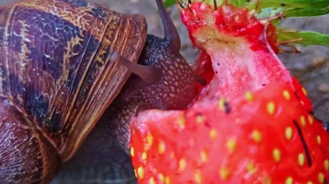 A garden snail devours a vivid red strawberry in extreme macro close up