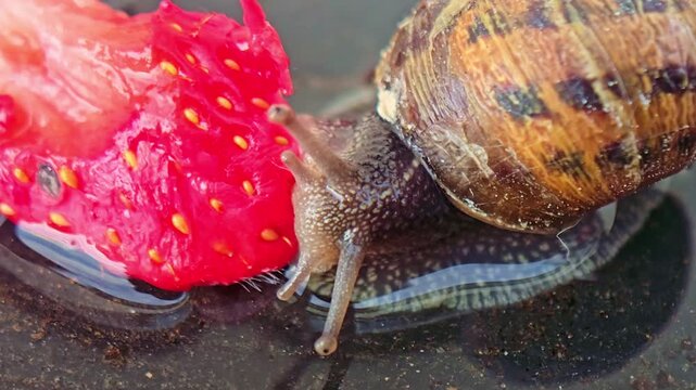 A garden snail approaches a ripe strawberry, its shell reflected on a shiny dark surface.