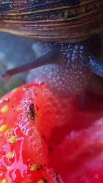 Extreme macro of a snail's textured body pressed on a glistening red strawberry.