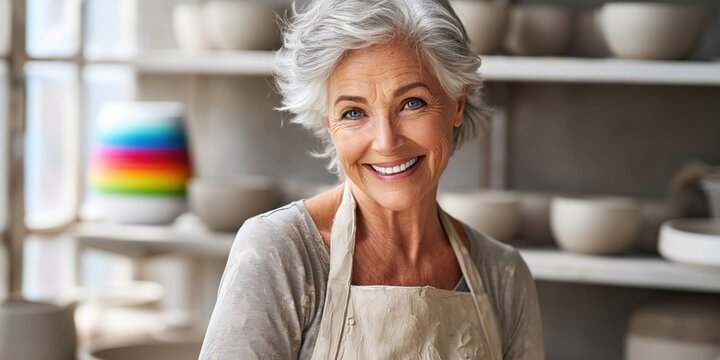 Smiling older woman with natural grey hair in a pottery studio