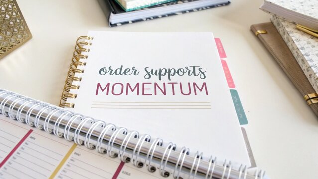 Stylish planner with motivational quote emphasizing order and momentum on a clean desk, surrounded by notebooks and stationery, perfect for productivity