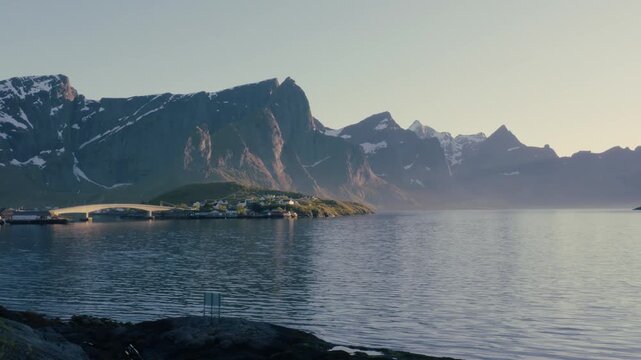 Panoramic view of the renowned Reinefjorden at 11 p.m. May 2026. Lofoten Islands, Northern Norway.
