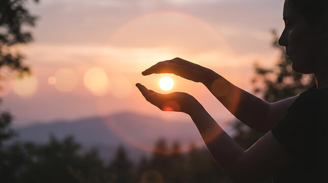 Silhouette of Woman Holding Sunset Between Hands with Peaceful Nature and Hope Concept