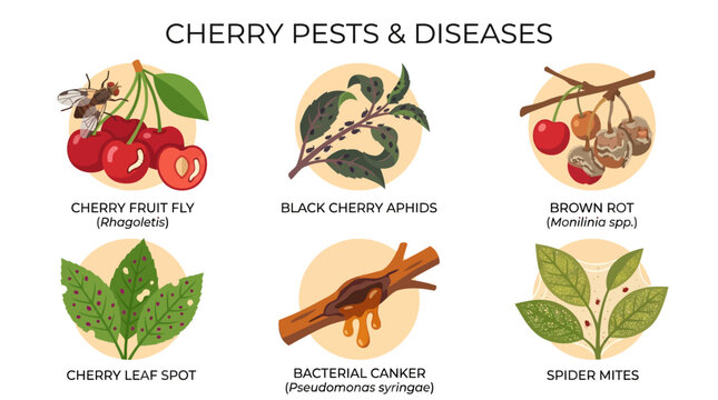 Cherry pests and diseases infographic showing common insects and fungal infections on fruit and green leaves