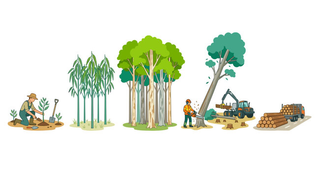 Forestry production process cycle showing planting trees growth harvesting logs and transportation on a white background