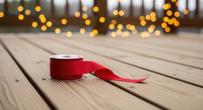 A roll of vibrant red ribbon sits on a wooden deck with festive bokeh Christmas lights in the background.