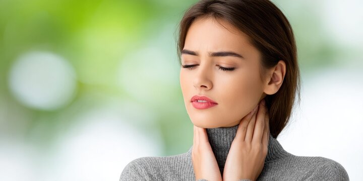 Young woman with eyes closed touching her throat, experiencing discomfort or pain