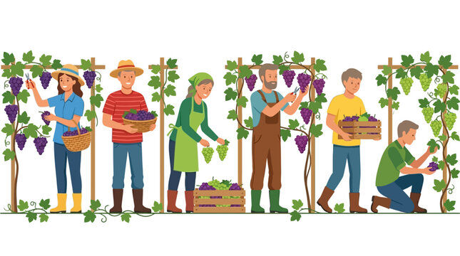 Farmers harvesting fresh organic grapes in a vineyard illustration with wooden crates and green vine leaves