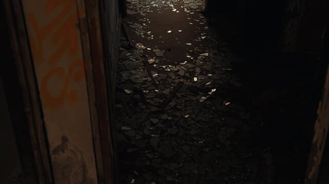 Dark hallway inside the abandoned Haludovo Hotel complex in Malinska on Krk Island, Croatia. Broken glass, damaged interior and decaying architecture create a dramatic post apocalyptic atmosphere.