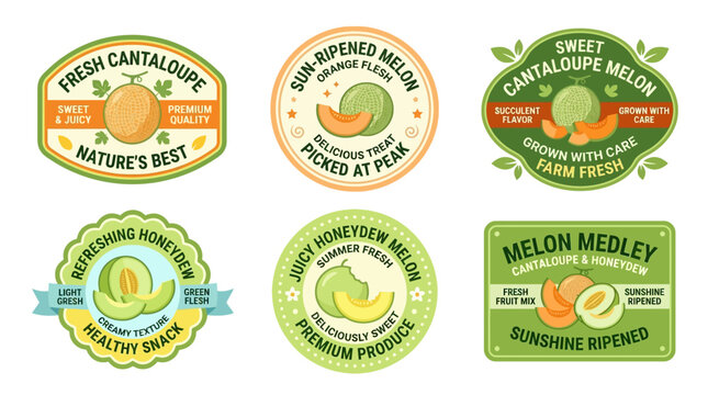 Cantaloupe and honeydew melon labels set featuring fresh fruit illustrations for organic food packaging designs
